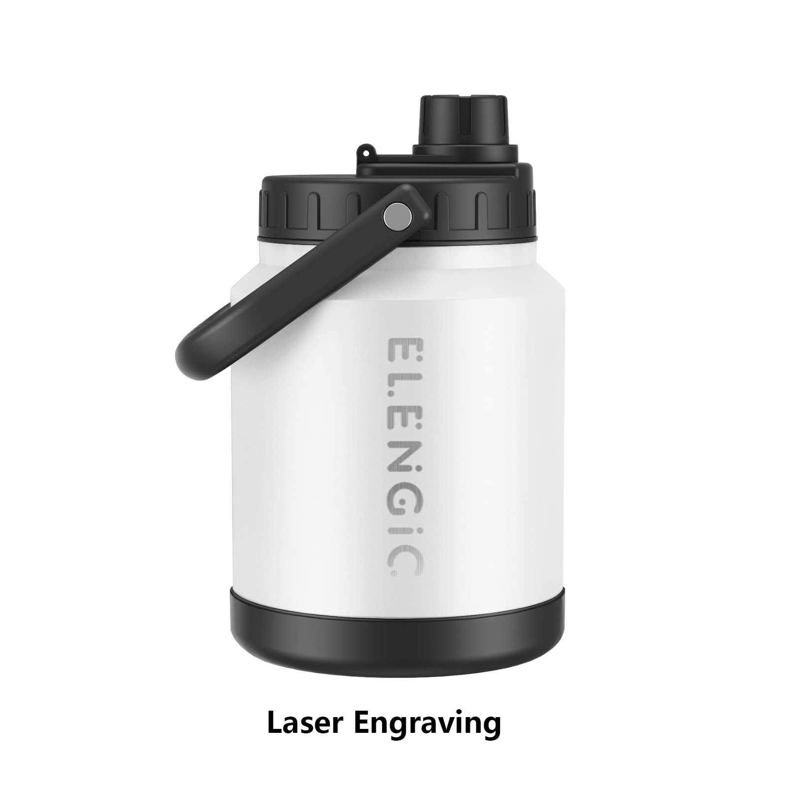 laser engraved custom water bottle with logo on white surface